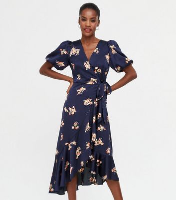 Navy Satin Floral Puff Sleeve Wrap Dress | New Look